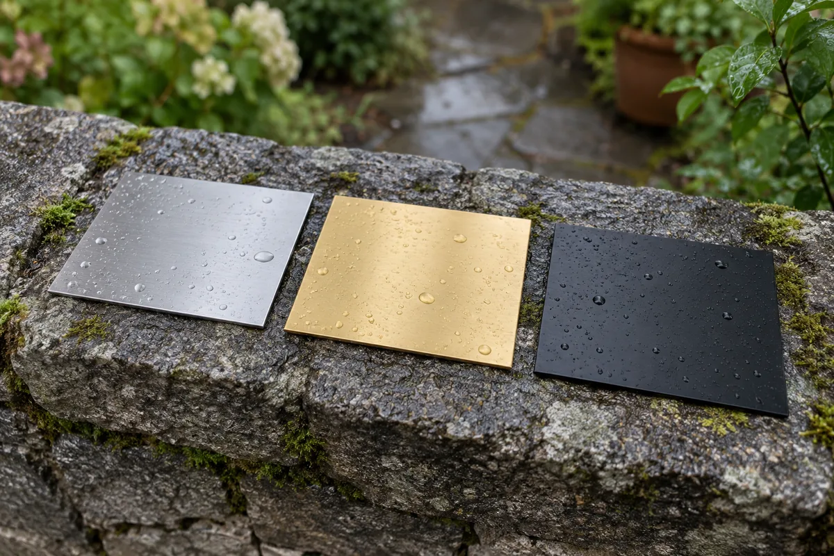 Trois plaques vierges en inox brossé, laiton et aluminium anodisé noir posées sur un muret en pierre