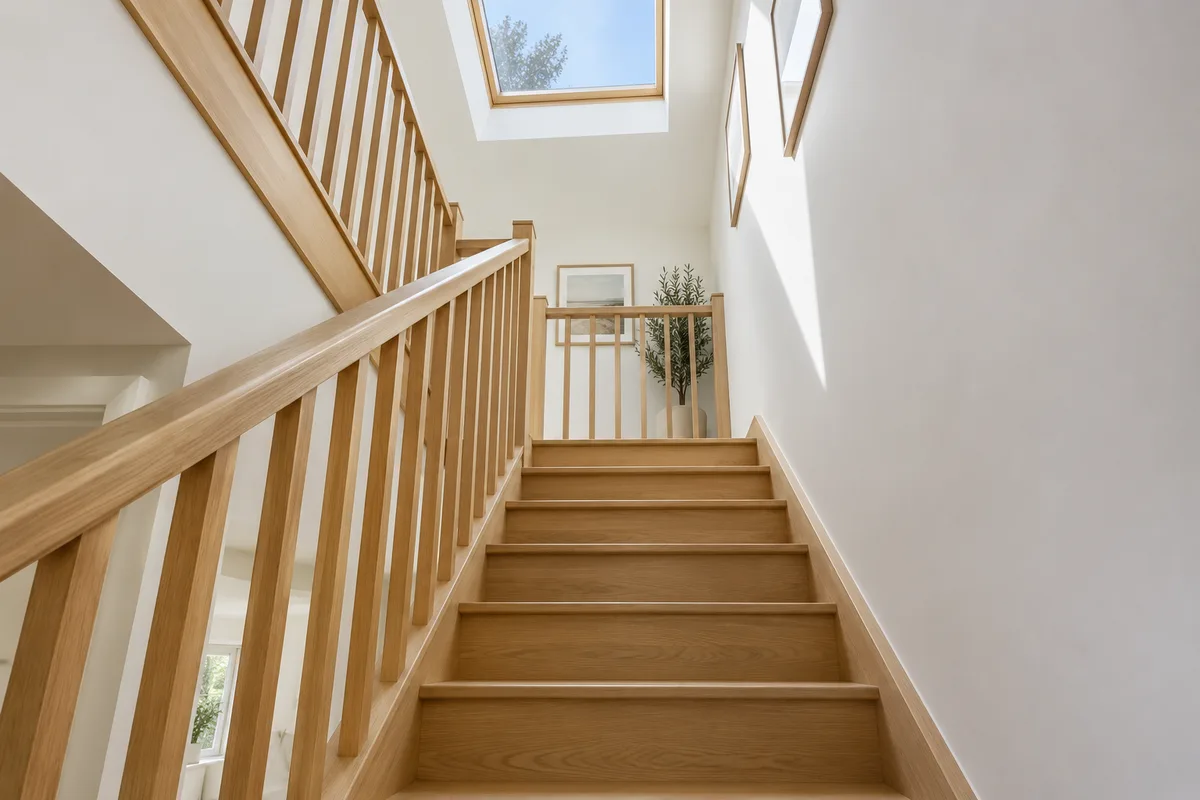 Cage d’escalier aux murs blancs vue depuis le rez-de-chaussée d’une maison à étage