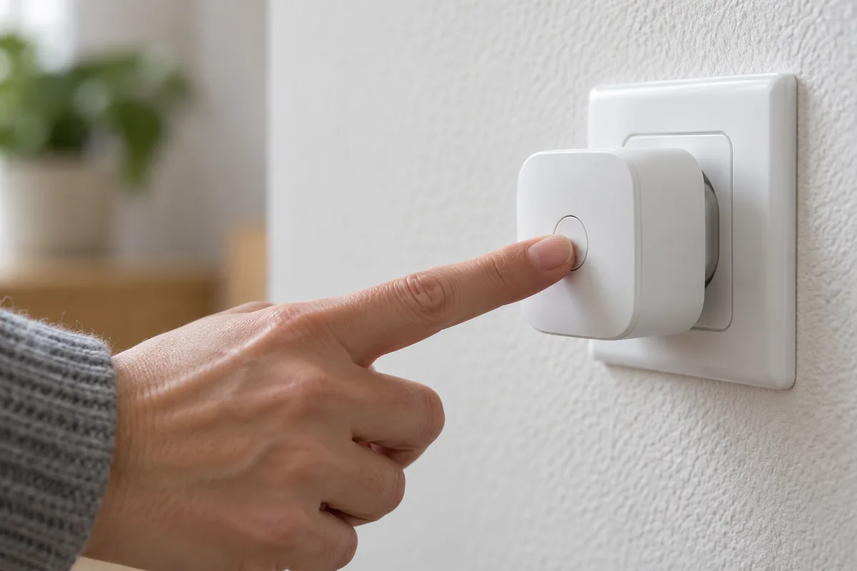 Main appuyant sur le bouton rond d’un boîtier blanc branché au mur