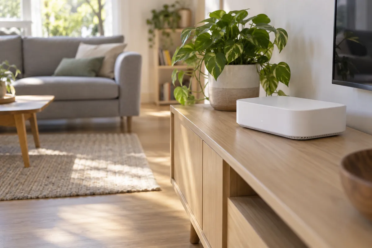 Box internet blanche posée à découvert sur un meuble bas en bois à côté d’une plante verte