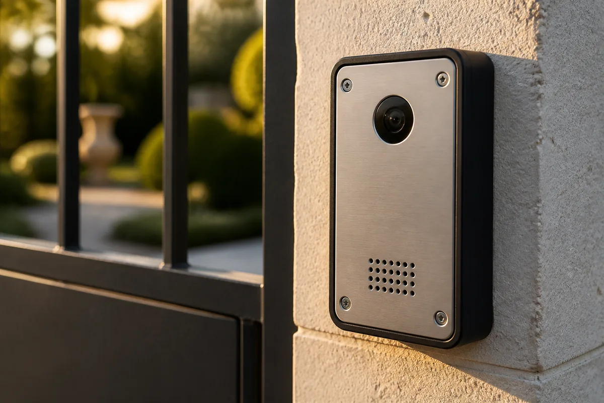 Platine de visiophone fixée sur un pilier de portail en pierre
