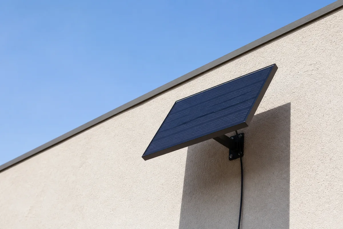 Panneau solaire compact fixé sur un mur extérieur près d’un portail