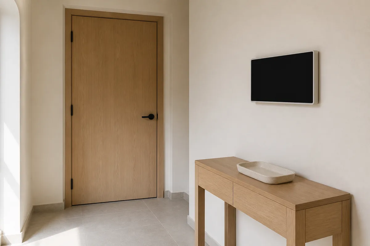 Entrée de maison avec porte fermée et moniteur mural éteint dans le vestibule
