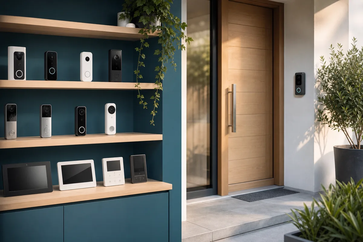 Rayon de magasin présentant des sonnettes connectées et des visiophones
