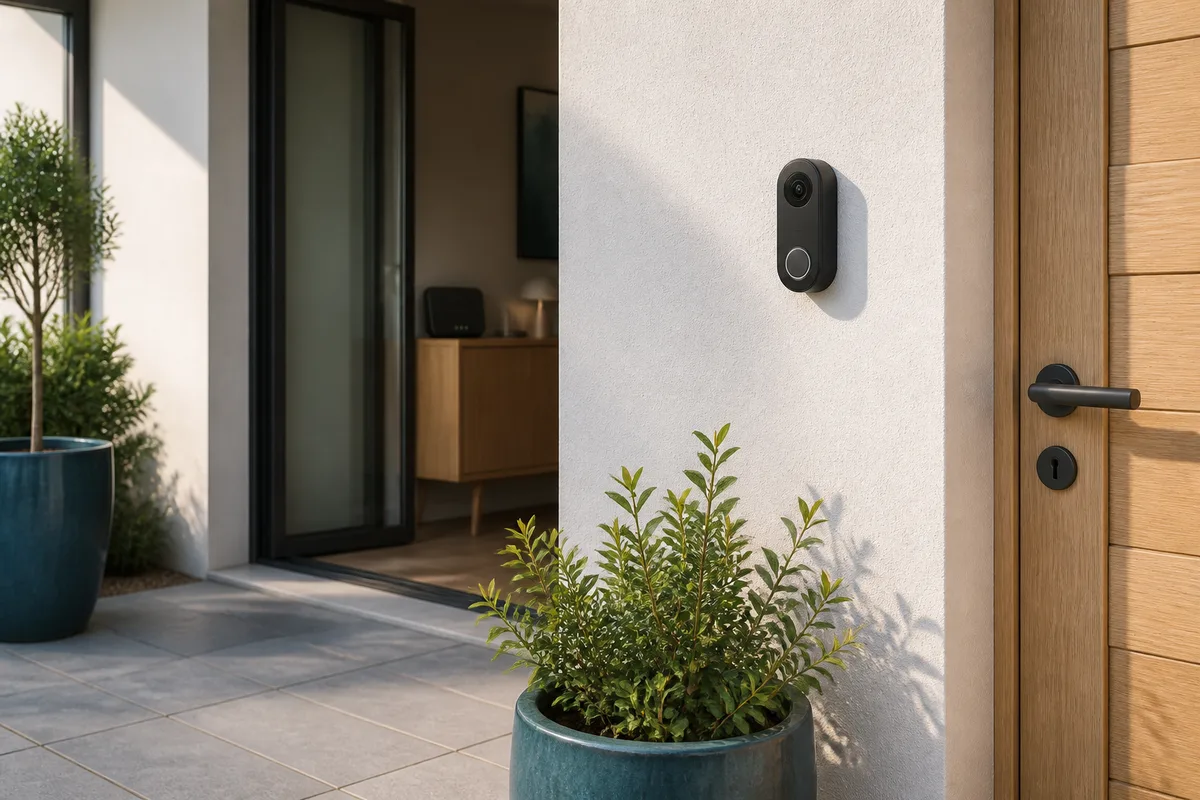 Sonnette connectée fixée à l’extérieur, séparée de la box par un mur de la maison