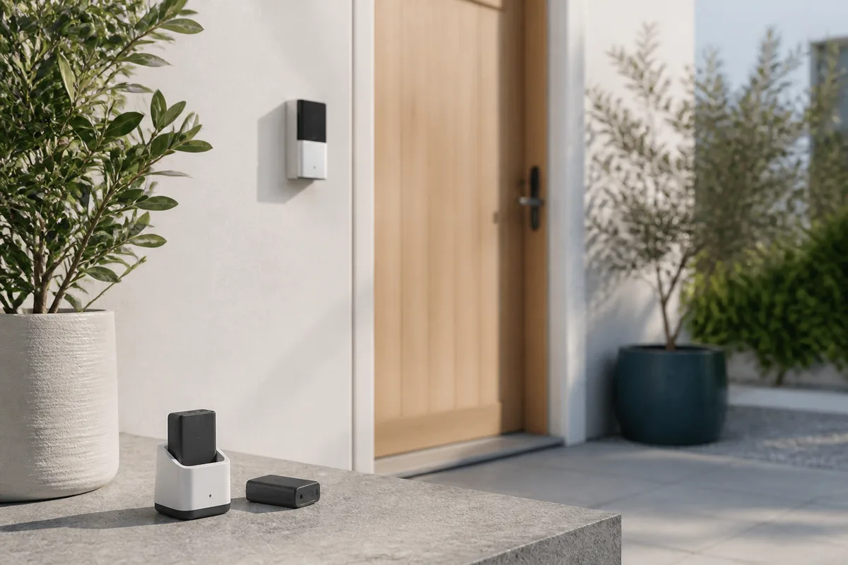 Batterie amovible d’une sonnette connectée posée à côté de son chargeur