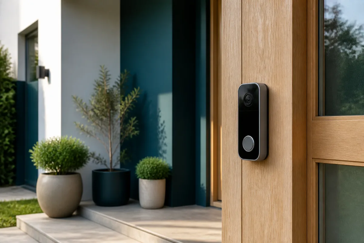 Sonnette vidéo connectée fixée sur le montant d&rsquo;une porte d&rsquo;entrée en bois