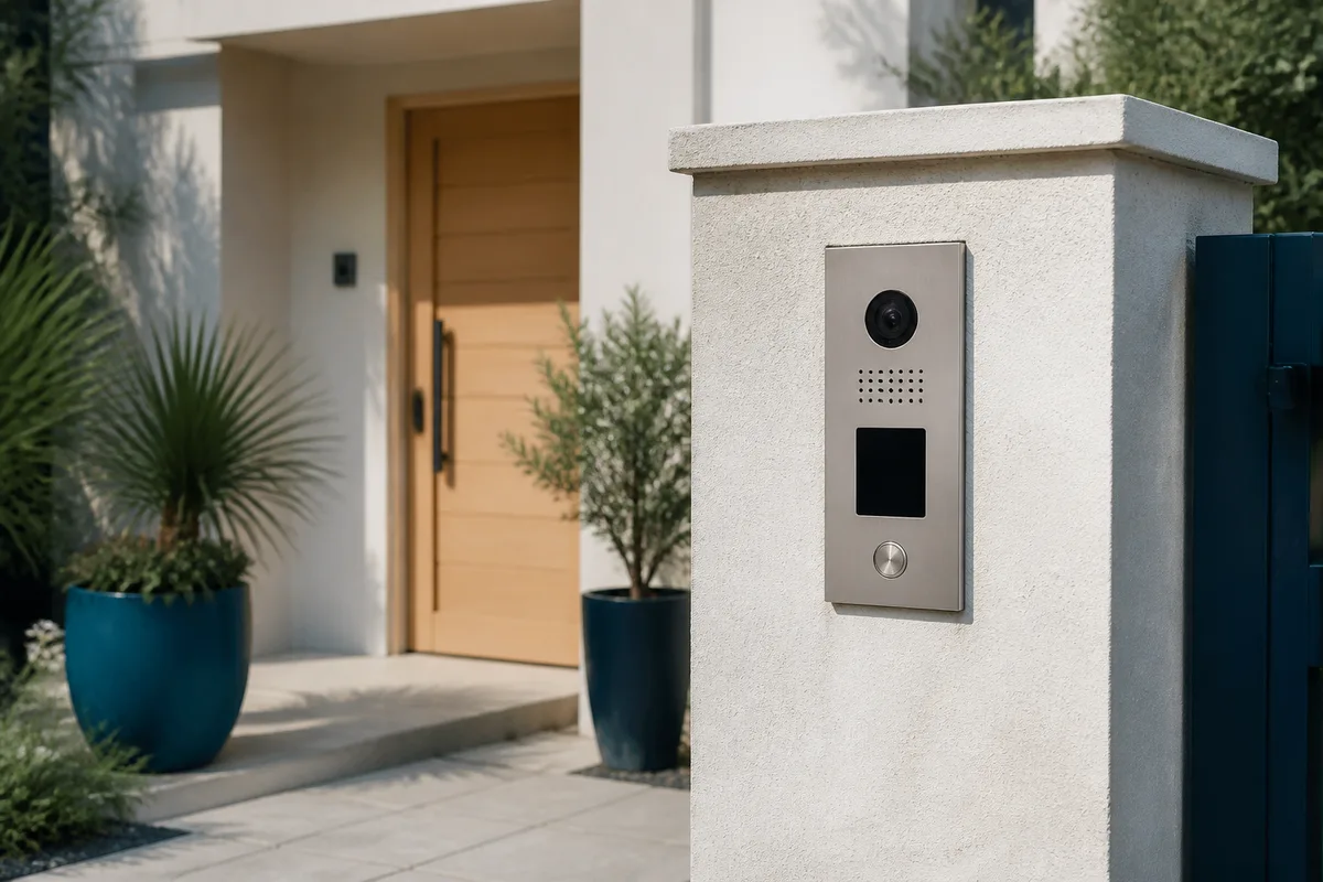 Platine de rue de visiophone montée sur un pilier de portail